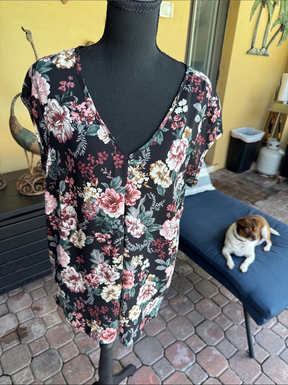 Floral V-Neck Blouse in Black with Pink & Cream Flowers